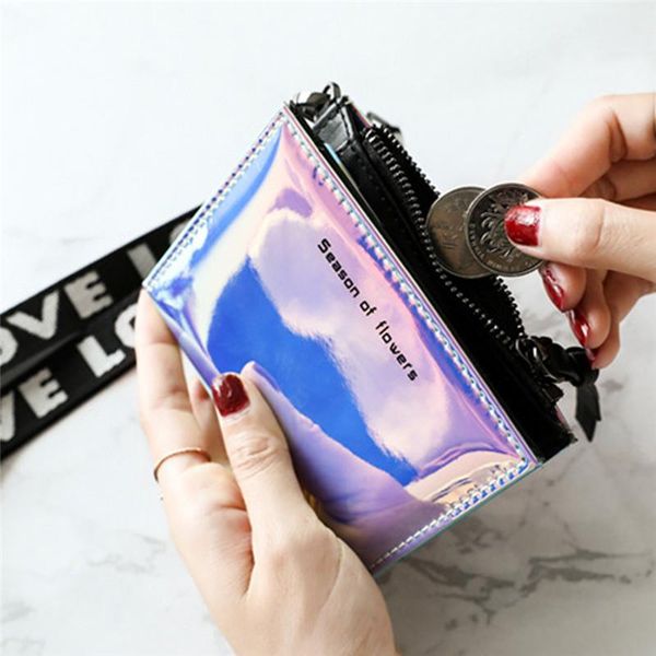 

women laser holographic rainbow wallets short cute purse small wallet women folding wallet card holder coin purse female, Red;black
