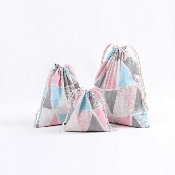 

handmade cotton linen fabric drawstring gift bag candy pouch multi-purpose pouch pink grey blue geometry n401