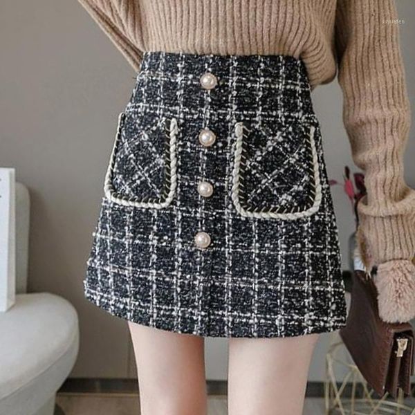 

tweed skirt women 2020 autumn and winter high-waist plaid a-line skirt anti-glare bag hip button pocket decor women short1, Black