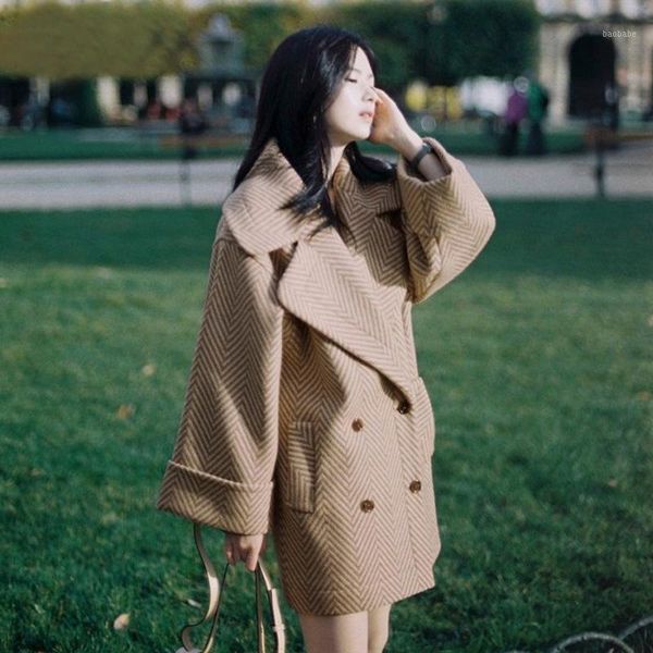 

women autumn winter woolen coat loose fashion wool overcoat1, Black