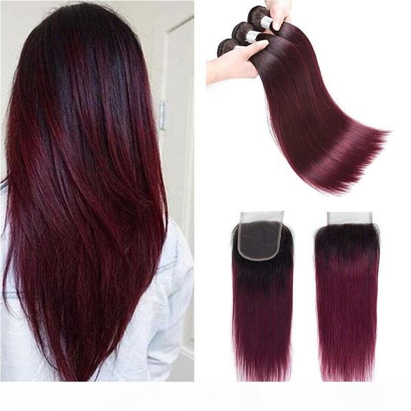 

colored brazilian burgundy virgin hair bundles with lace closure 1b 99j brazilian ombre straight human hair weaves extensions with closure, Black;brown