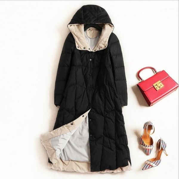 

winter fashion elegant women casual loose cocoon coat parkas long hooded duck down jacket female thick warm outwear plus size1, Black