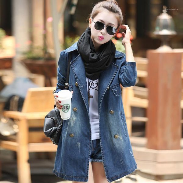 

2019 new fashion denim jacket women a-line double-breasted medium long jeans jackets ladies plus size 3xl casual clothes1, Black;brown