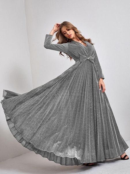 

glitter bow front belted pleated dress q4gs#, Black;gray