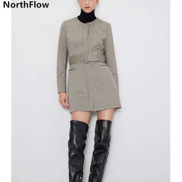 

northflow long jackets women houndstooth sashes o-neck england style feminino femme jacket, Black;brown