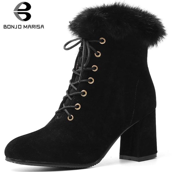 

plus size 30-46 new faux fur ladies high chunky heels boots women fashion shoes lace ankle boots party shoes woman, Black
