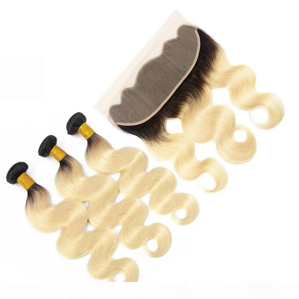 

#1b 613 dark roots blonde ombre indian human hair 3bundles with frontal 4pcs lot ombre blonde virgin hair weaves with 13x4 lace frontal, Black;brown