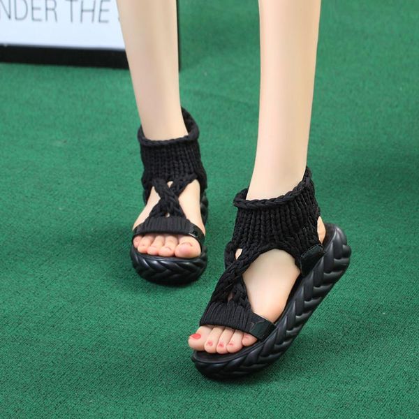 

women gladiator sandals summer flat wool shoes thick-bottomed knitting sandals solid ladies platform sandalias zapatos mujer, Black