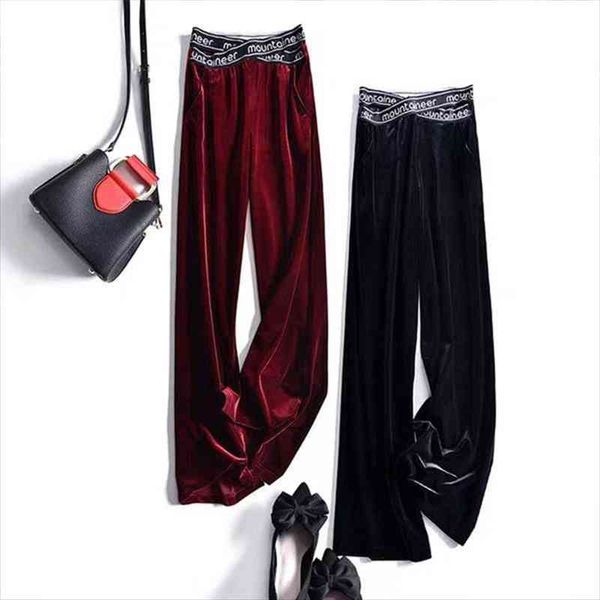 

gold velvet wide-leg pants womens drape feeling elastic waist spring and autumn loose and thin straight micro-flared casual tro, Black;white