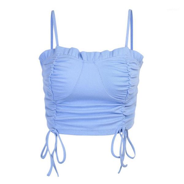 

paris girl fashionable tank chest pleated drawstring vest femmel solid color streetwear slim crop women1, White