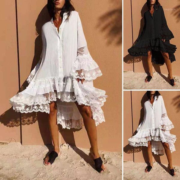 

lace patchwork dress zanzea 2020 elegant women's summer sundress flare sleeve midi vestidos female casual white shirt robe femme1, Black;gray