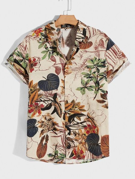 

men tropical print button front shirt v5ps#, White;black