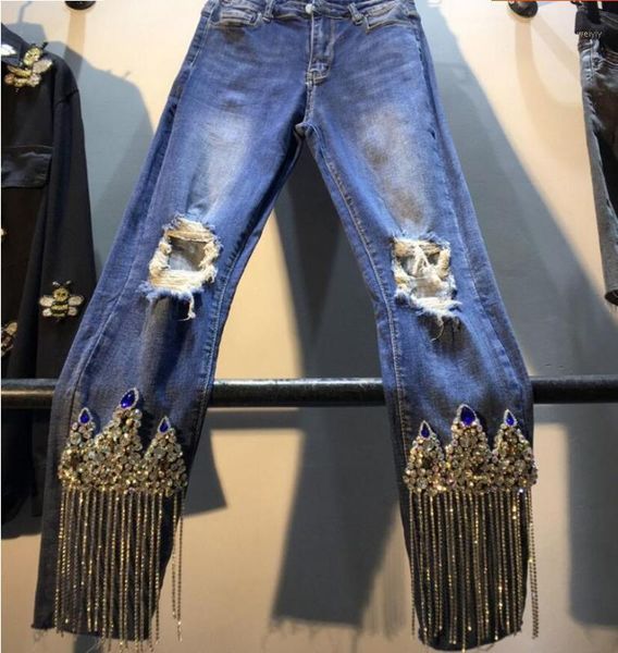 

rhinestone fringed blue denim pants women heavy beaded diamond high waiste slim holes ripped jeans female lady streetwear 20201