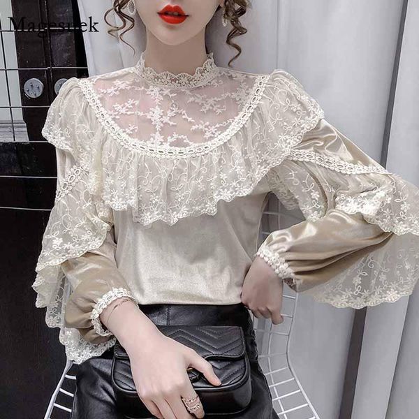 

sweet lace stitching vintage velvet long sleeve blouse women autumn ruffled stand collar shirt elegant pullover blusas 12072, White