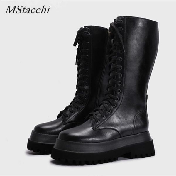 

mstacchi fashion women boots microfiber lace-up round toe comfortable black zipper-side party shoes thick bottom the knee boots