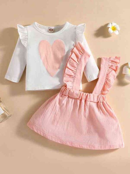 

baby heart print ruffle trim tee & suspender skirt she, White