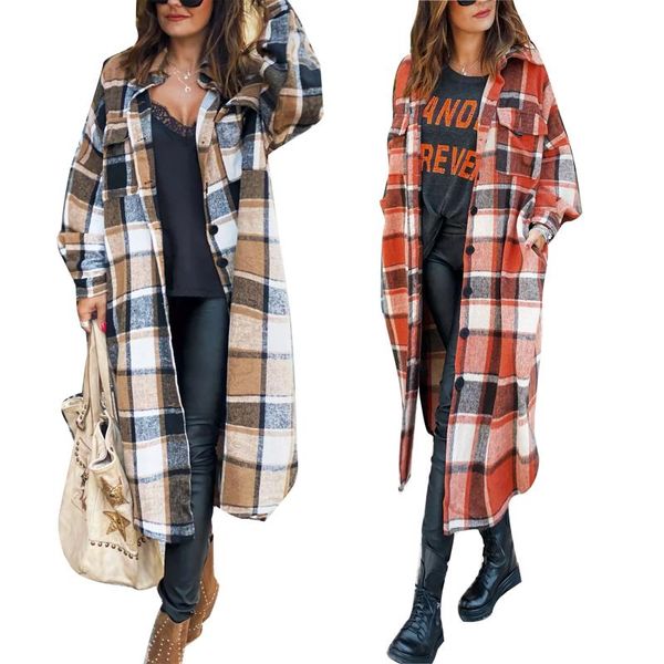 

female overcoat plaid turn-down collar long sleeve woolen coat for women red brown s m l, Black