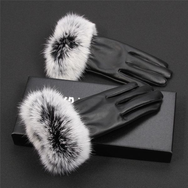 

leather female winter lovely rabbit hair driving thick warm korean waterproof windproof pu touch screen gloves, Blue;gray