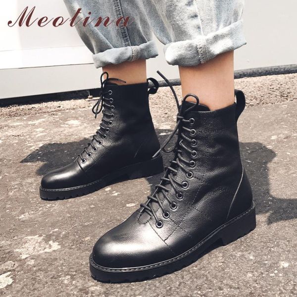 

boots meotina winter motorcycle women natural genuine leather block heel ankle lace up round toe shoes lady autumn size 391, Black