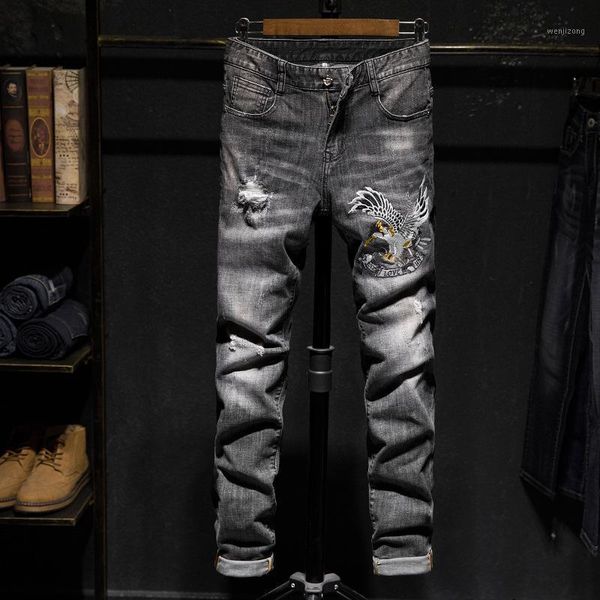 

new men straight jeans male distressed denim pants biker jeans ripped winter denim pants1, Blue