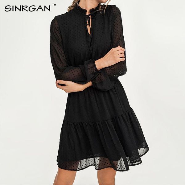 

sinrgan black lace up hollow out mini dress women vestidos long sleeve elastic waist party christmas dress winter clothing1, Black;gray