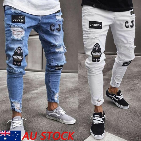 

men's skinny ripped jeans biker casual frayed stretchy denim slim fit trousers1, Blue
