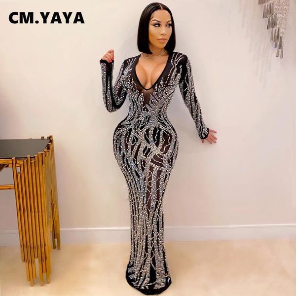 

cm.yaya women long sleeve v-neck rhinestones vintage bodycon midi maxi dress club party pencil long dresses 2021 new1, Black;gray
