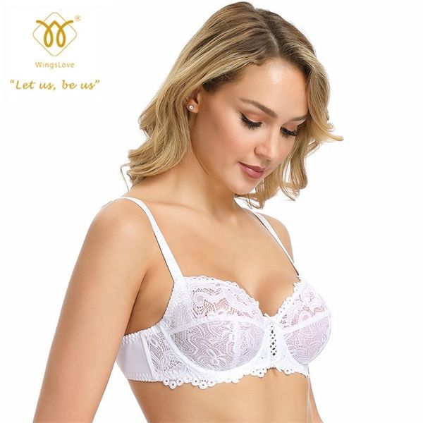 

wingslove women's sheer lace bra underwire unlined underwear full coverage non padded lingerie lj201204, Red;black