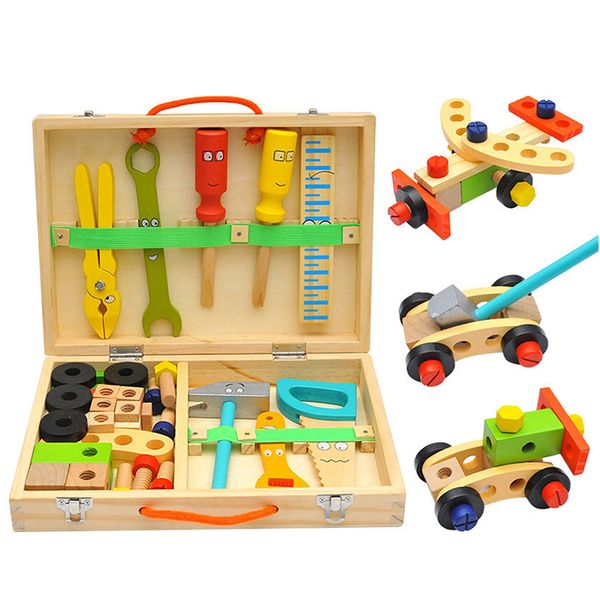 Cassetta degli attrezzi in legno per bambini Giochi di finzione Set Giocattoli educativi Montessori Dado Smontaggio Vite Assemblaggio Simulazione Riparazione Strumento da falegname LJ201007