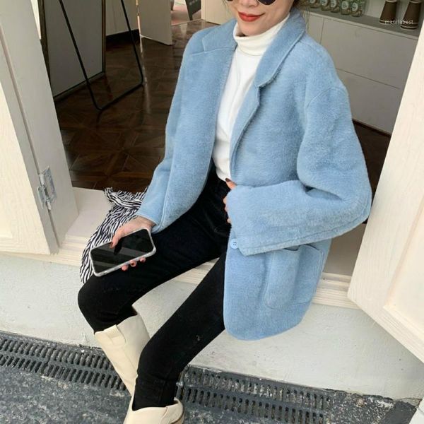 

2021 women autumn winter imitation mink velvet outerwear female solid pocket slim jacket lady casual button teddy slim coats e531, Black