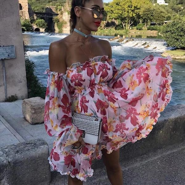 

2020 женщин с плечами шеи стева без спинки платья женские элегантные цветочные распечатать бедные мини-платье th18851, Black;gray