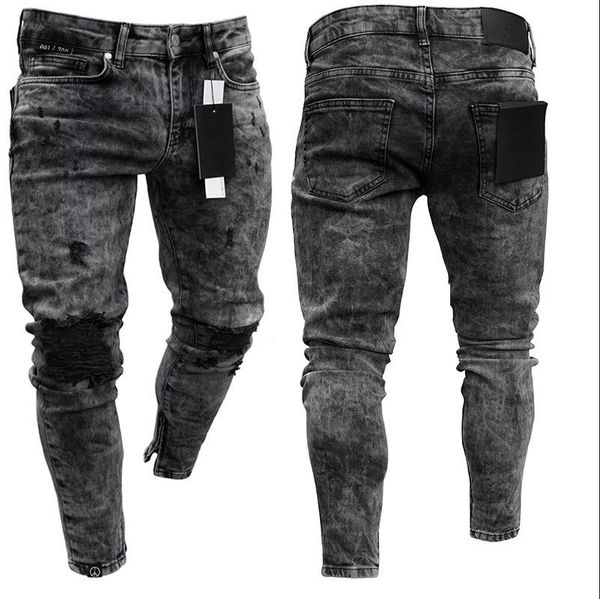 

new men's skinny jeans snowflake casual slim zipper pants for men, Blue