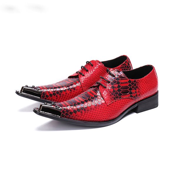 Batı Moda Erkekler Ayakkabı Terazi Desen Deri Elbise Ayakkabı Erkekler Kırmızı Düğün Erkek Ayakkabı Zapatos Hombre Dantel-up Metal İpucu