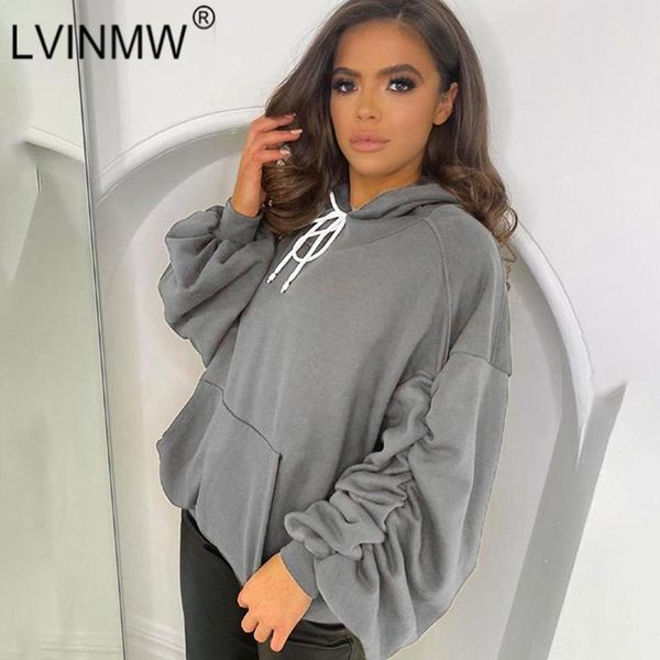 

lvinmw drawstring pockets hooded stacked full sleeve pullovers female loose solid daily leisure hoodies women for autumn street, Black
