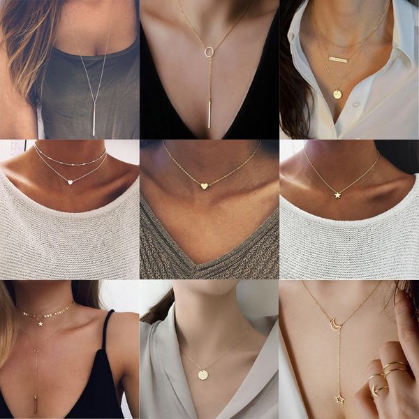 

bohemian tiny heart star necklace for women short chain coin bar moon pendant necklace gift choker necklace, Silver