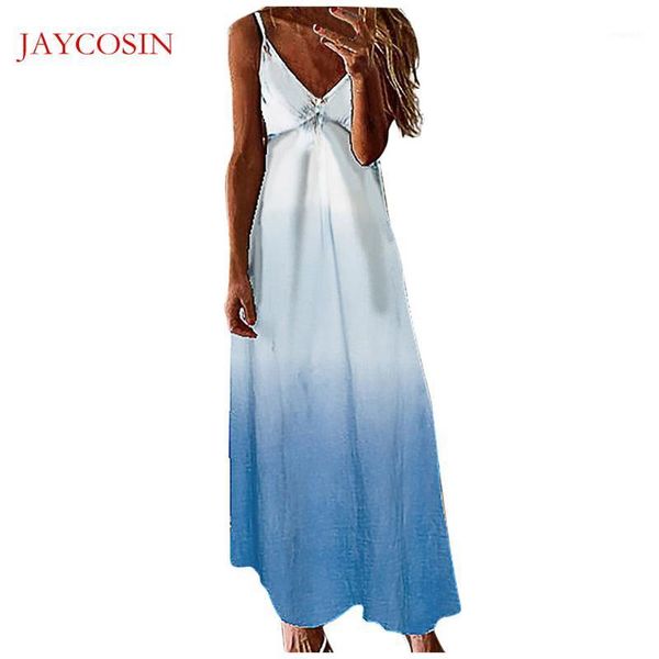 

jaycosin summer women dress fashion vintage gradient print long dress v-neck sleeveless spaghetti maxi vestidos g111, Black;gray