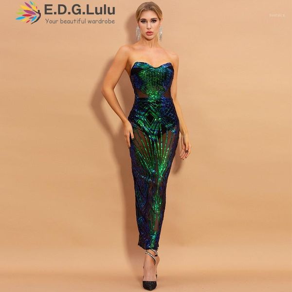 

edglulu strapless see through green sequin striped midi dress sleeveless night club party women glitter dress 07121, Black;gray
