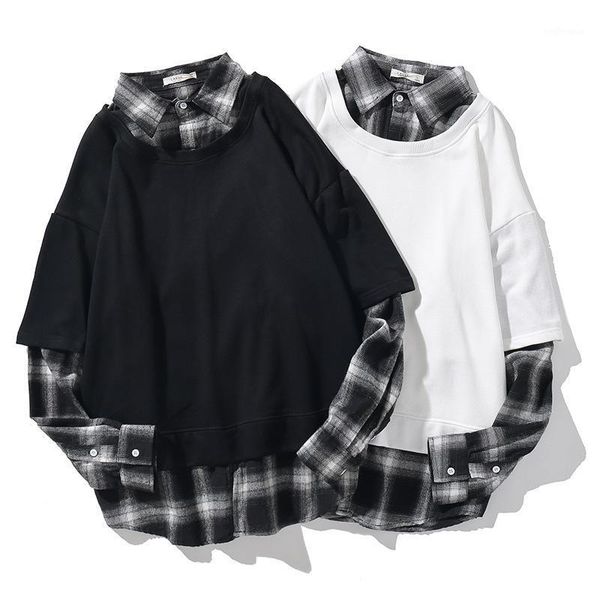 

fashion mens fake two piece shirts hip hop plaid long sleeve shirts japanese urban style oversize pullover for male1, White;black