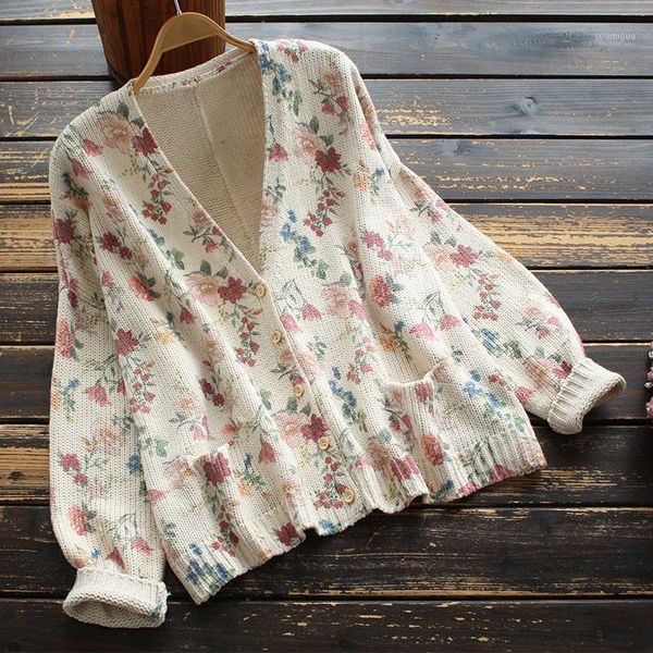 

8185 new autumn women's sweet mori girl v-neck ninth sleeve printed knitted cardigan loose sweater1, White