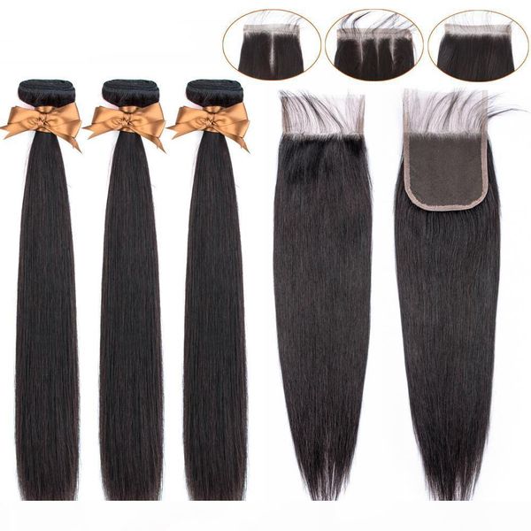 

hair bundles with closure 100% human hair extension brazilian hair weave 3 bundles straight bundles with lace closure angelawigs, Black;brown