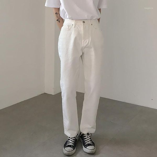 

male japan korea streetwear vintage fashion pants men casual white straight ankle length pant1, Black