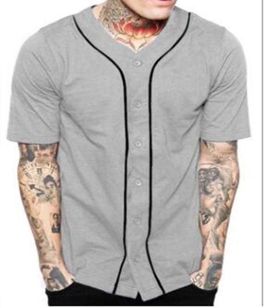 Дешевые мужчины бейсбол джерси футболка с коротким рукавом улица хип-хоп бейсбол верхняя рубашка кнопка серая твердая спортивная рубашка