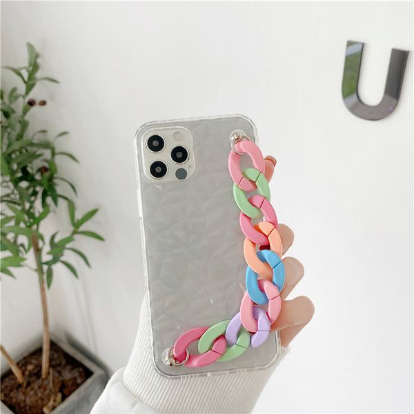 

luxury crystal transparent diamond texture case for iph case 12 11 pro xs max xr x 8 7 plus tpu soft silicone rhombus phone case with chain
