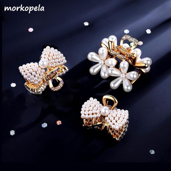 

morkopela fashion flower simulated pearls hair claw crab girls rhinestone bow hair clip women accessores jewelry, Golden;silver
