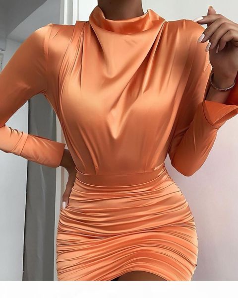 

solid mock neck ruched slit cuff bodycon dress female elegant long sleeve draped satin party dress, Black;gray