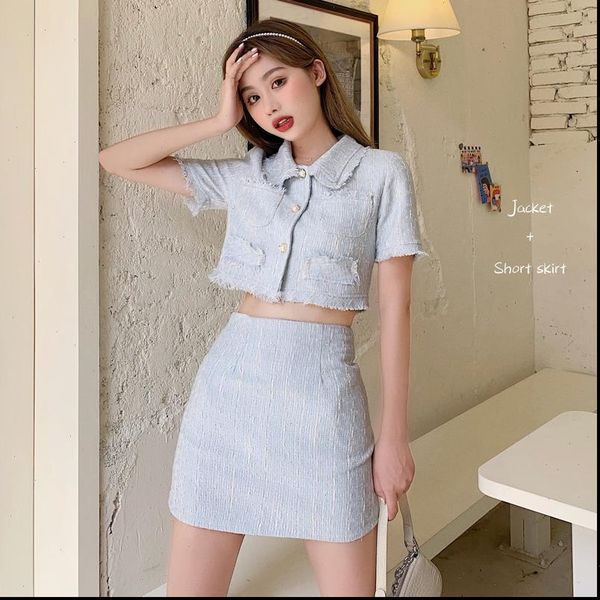 

elegant summer tweed skirt suit new fashion women short sleeve single breasted crop mini skirt set two piece outfits, Gray