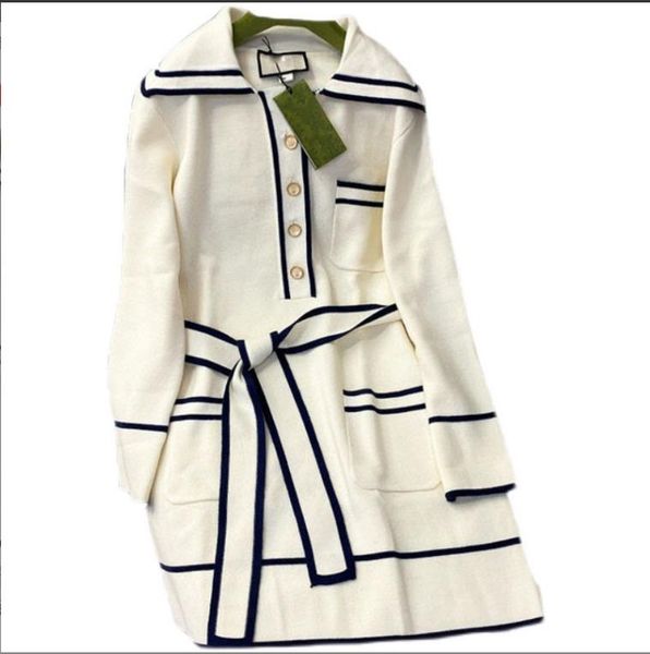 

1009 2022 milan style autumn brand same style sweater striped cardigan white long sleeve print lapel neck regular fashion women clothes zhen, White;black