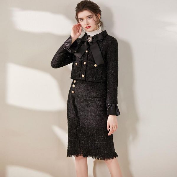 

women's tracksuits autumn winter vintage tweed two piece sets bow woolen short jacket coat and high waist tassel skirts suit, Gray