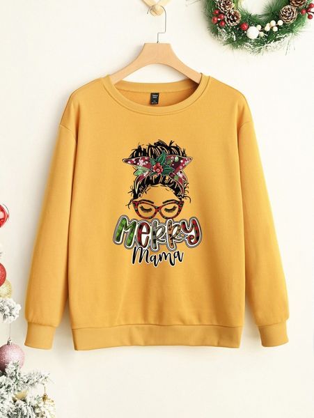

plus figure & slogan thermal sweatshirt t35y#, Black