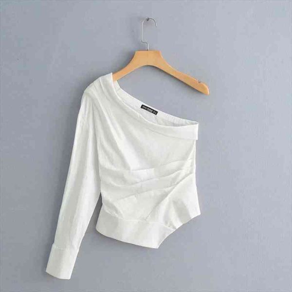 

asymmetric women pleated shirt casual white long sleeve blouse summer style skew collar chic streetwear chemise s5526